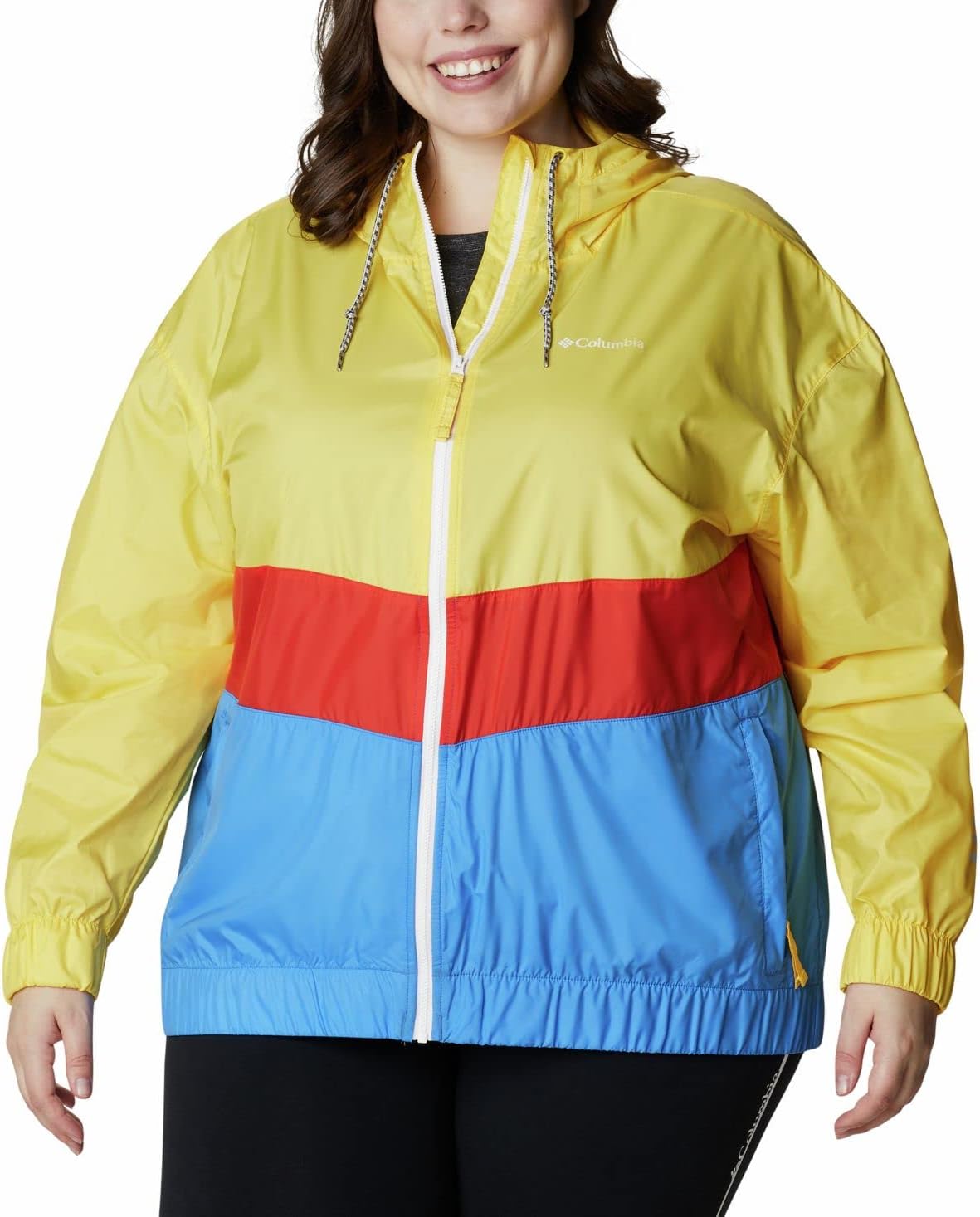 Columbia Women's Plus Size Sandy Sail Windbreaker Jacket (Sunglow/Bold Orange/Harbor Blue, 3X)