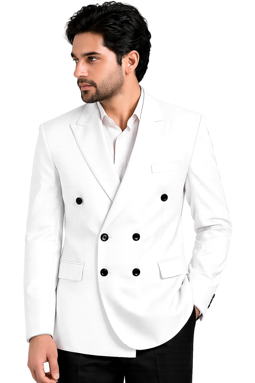 Men's Double-Breasted Peak Lapel Blazer, White, Slim Fit, Polyester Blend, Formal Wear, Full Sleeve, Button Closure-picture-29