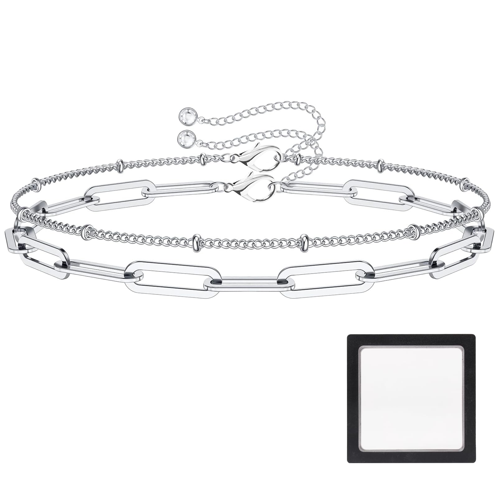 BMHNQPulsera Mujer Plata de Ley 925,2Pcs Pulsera Mujer plata 925 Pulsera de Cadena de Clip de Plata Esterlina Clip de Papel Ajustable Pulseras y una caja de regalo negra De Plata Mujer
