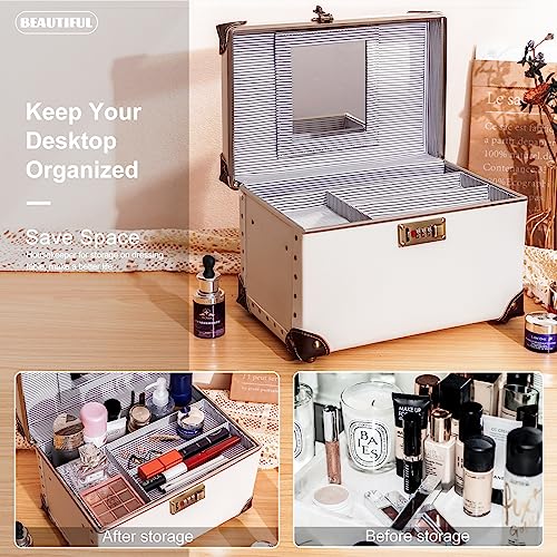 Urecity Portable Retro Leather Makeup Train Case Cosmetic Organizer Case Leather Storage Box With Combination Lock (12.5", Ivory White) #TOP7