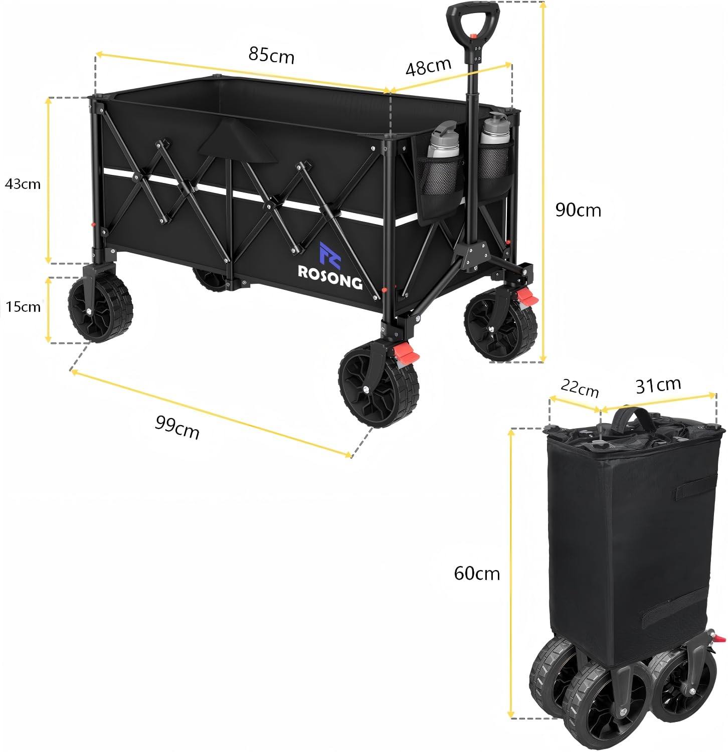 ROSONG Carro Playa Plegable 150L Carro Plegable con Ruedas Grandes Extraíbles Carro Transporte Compacto para Playa Camping Compra Jardín, Negro
