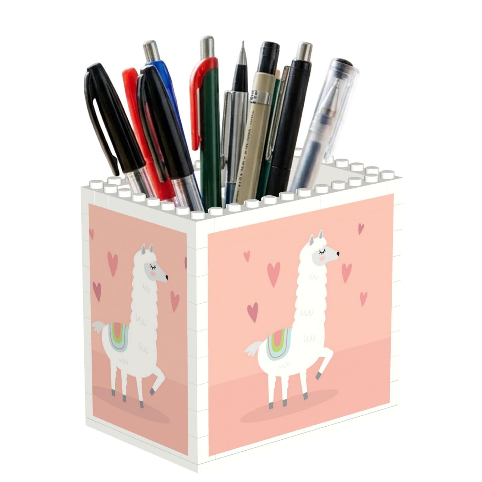 Satusa Women's White Alpacas Print Building Block Texture Pen Holder - Pencil Holder For Desk Pen Organizer,Aesthetic Desk Accessories For (1Pcs)