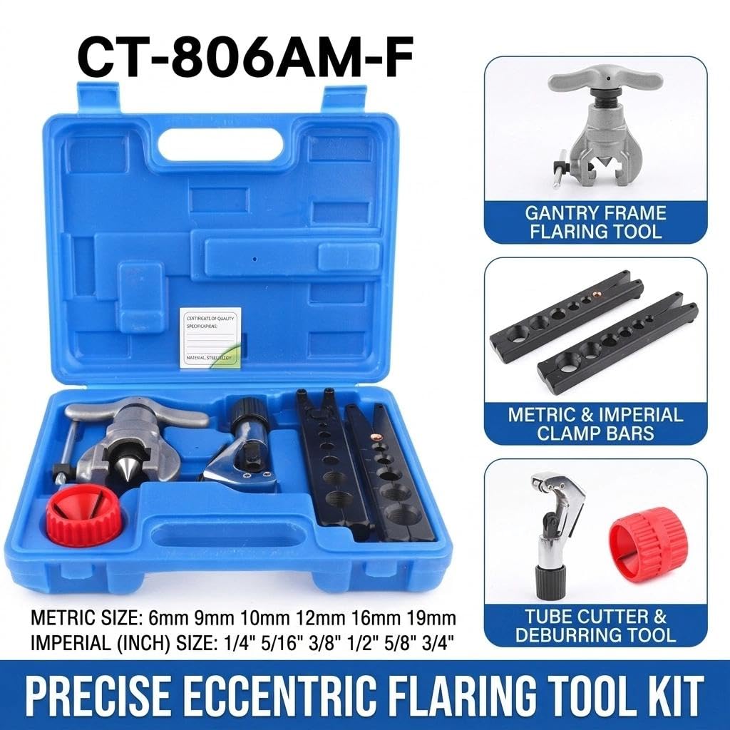 ARCSUN Bördelwerkzeug Set Klimaanlage 5-19mm 1/8-3/4 Zoll Exzentrisches Bördelgerät Kupferrohr-Expander mit Rohrschneider(Eccentric Flaring Tool CT-806AM-F)