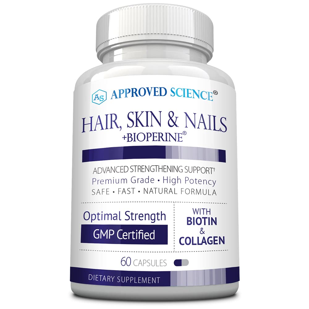 Hair, Skin and Nails - Support Supplement - Biotin, Collagen, Vitamin B Complex, Silica, BioPerine - 60 Capsules - 1 Month Supply