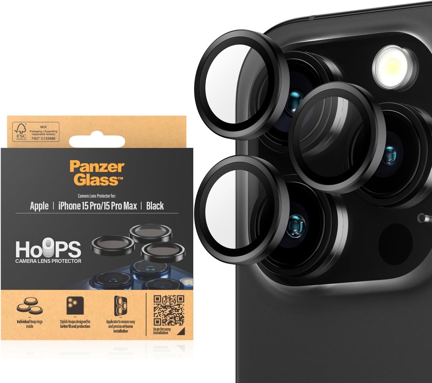 PanzerGlass™ Hoops Protettore per l'obiettivo della fotocamera per Apple iPhone 15 Pro | 15 Pro Max - Protezione con Stile, vetro resistente agli urti