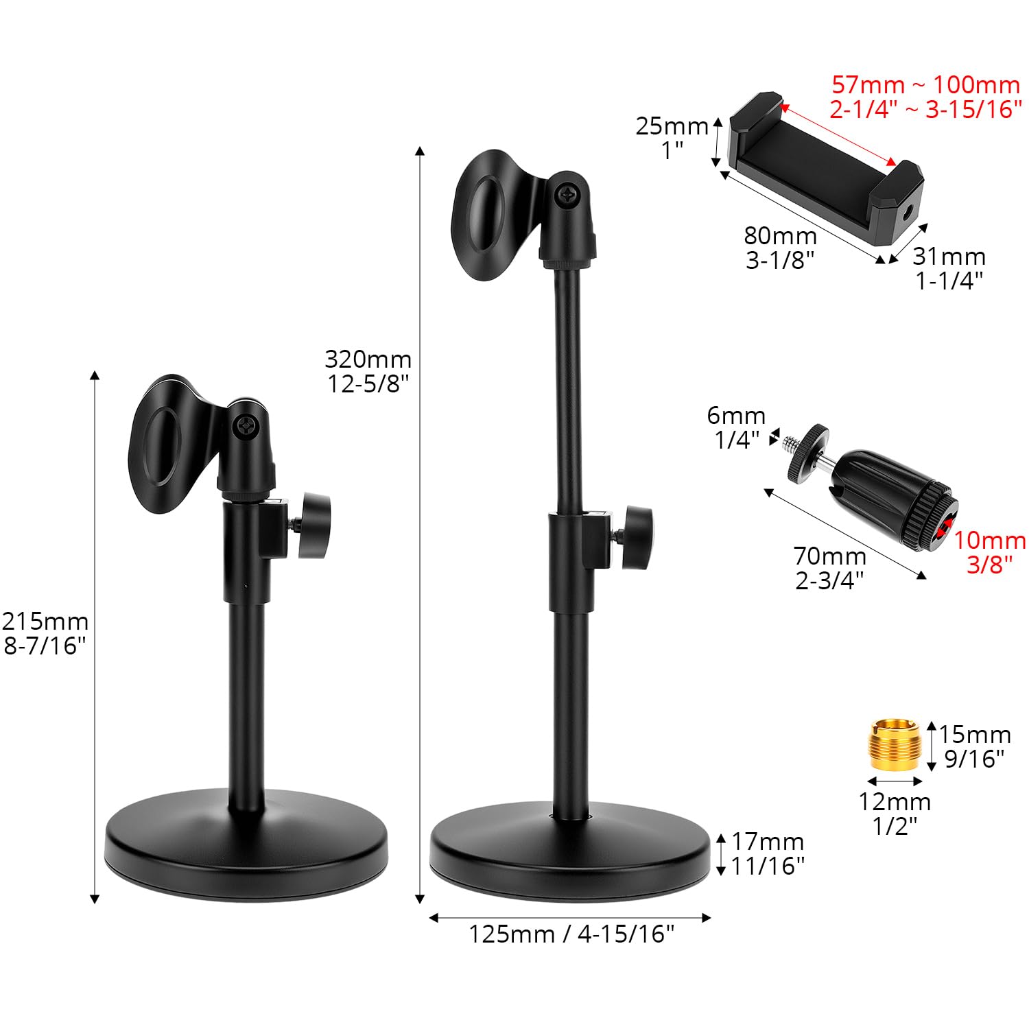QWORK® Wielofunkcyjny stojak na mikrofon biurkowy, regulowany statyw stołowy z klipsem na telefon komórkowy, wtyczka 5/8 cala do gniazda 3/8", na konferencje, transmisje na żywo