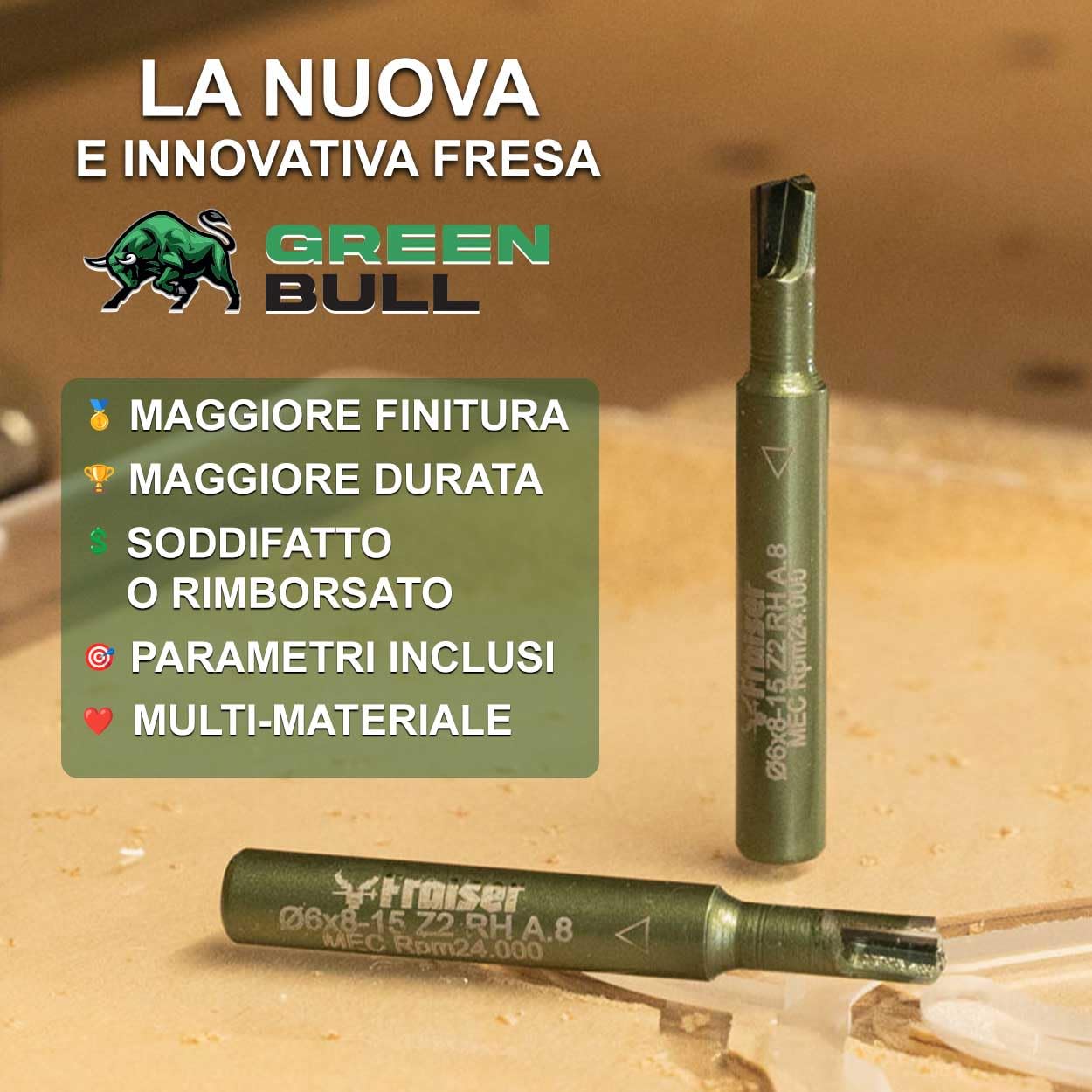 Fraiser Green Bull - fresa multimateriale con taglienti in diamante per taglio e scanalatura, gambo 8mm, diametro 8mm, profondità utile 12–25mm - per legno, plastica, leghe leggere