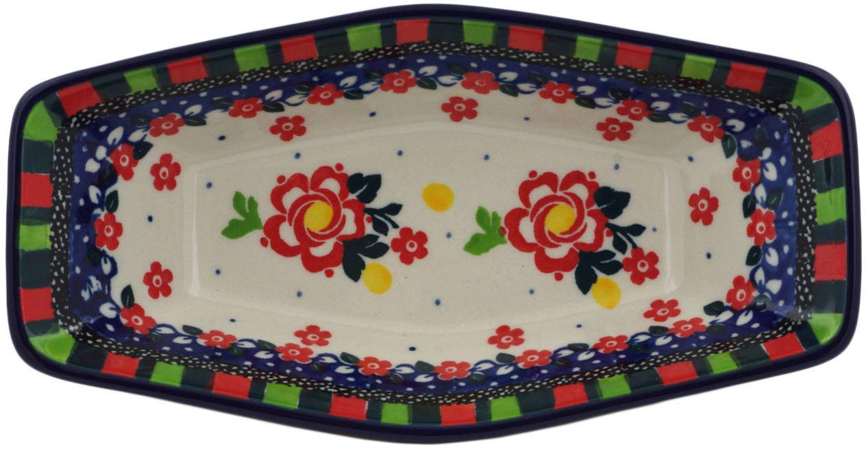 Authentic Polish Pottery Condiment Dish Signature UNIKAT in Floral Puzzles Design Handmade in Boles?awiec Poland by Ceramika Artystyczna + Certificate of Authenticity