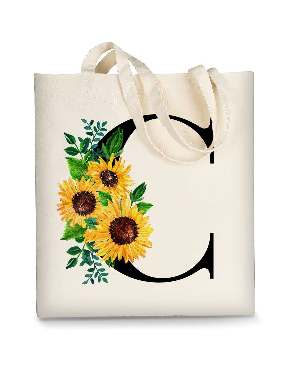 AUSVKAI Canvas Tote Bag Aesthetic for Women, Cute Sunflower Initial Trendy Monogram Personalized Initial Birthday Reusable Cloth Cotton Bags with