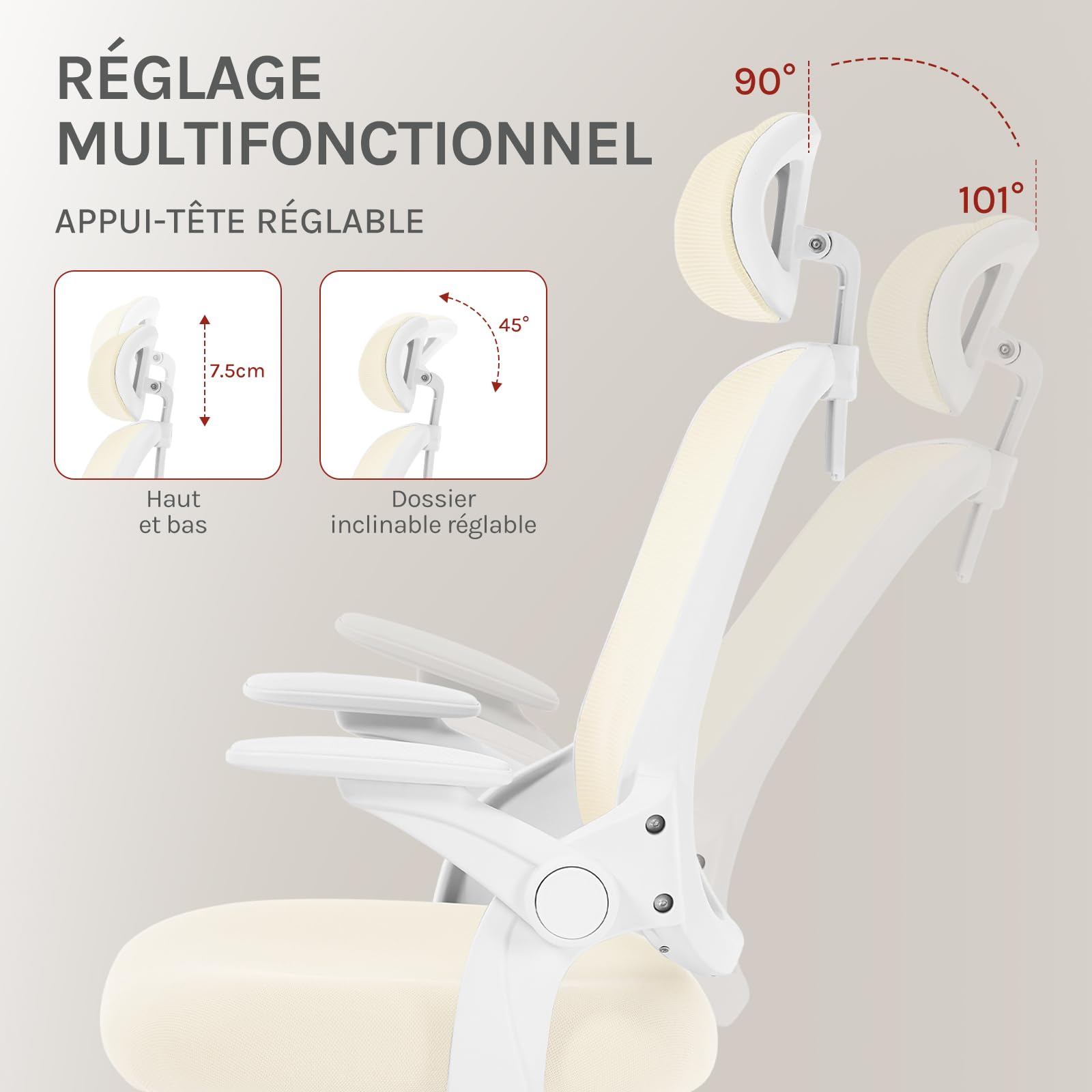 WOLTU Chaise de Bureau Ergonomique, Fauteuil de Bureau en Maille, Beige | Appui-tête et Accoudoirs Réglables, avec Support Lombaire, Dossier Inclinable