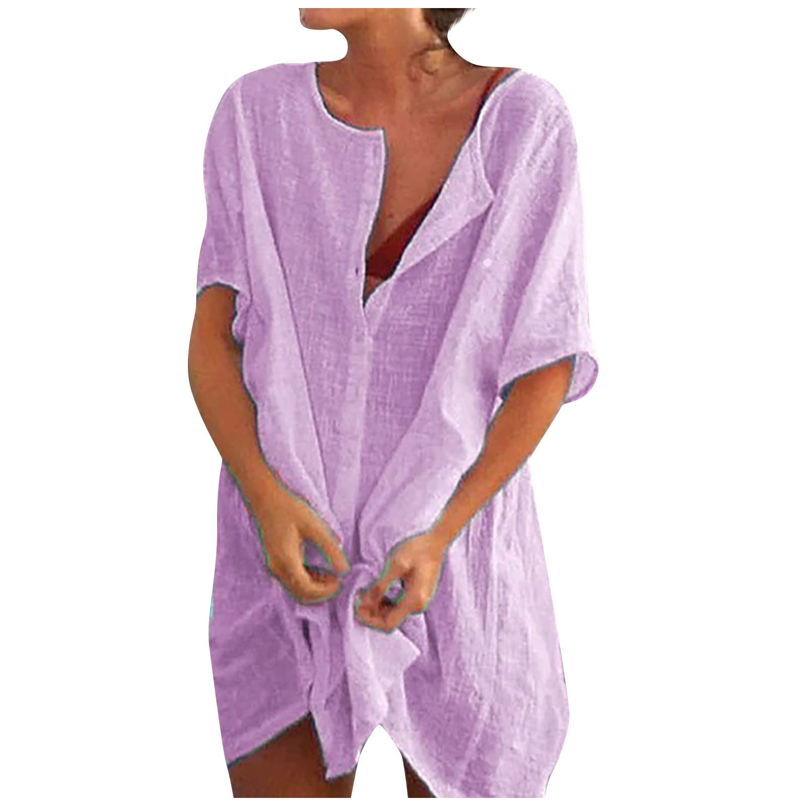 NUSGEAR 2024 Vestidos Corto Mujer Algodón y Lino Camisa Vestido Verano Basico Casual Cuello en V Camiseta Vestidos Manga Corta Color sólido Elegante Vestido Cómodo Playa Talla Grande