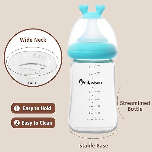 Miniatura 4 de Biberones de vidrio con pezón de respuesta natural, tamaño M, biberones anticólicos, cuello ancho, flujo lento (azul, 8 onzas (paquete de 2))