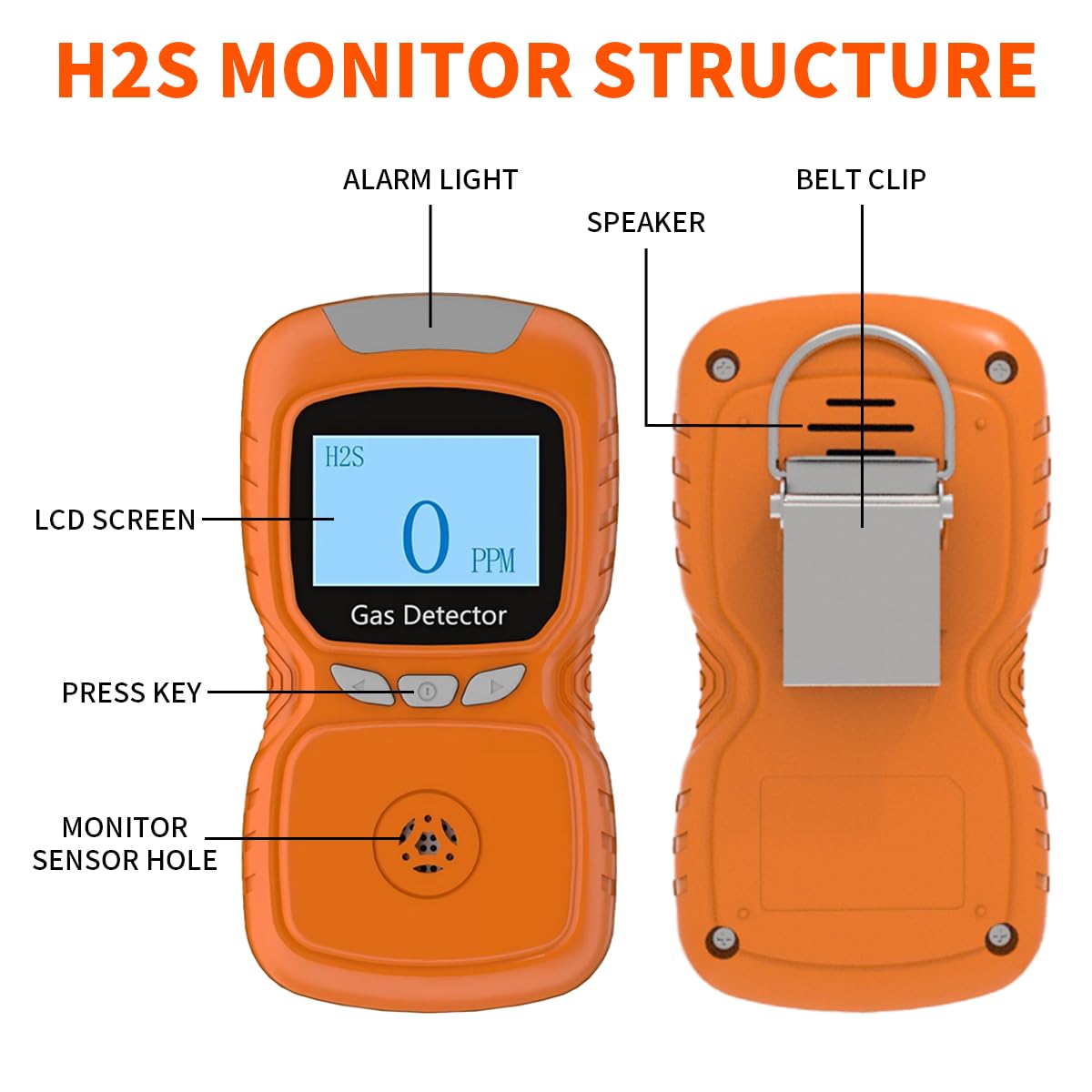 H2S Monitor, Clip Single Gas H2S Monitor, 0~100ppm Hochpräziser H2S Gasdetektor, Einstellbarer Alarmbereich, 3 Alarmmodi, Explosionsgeschützte Sicherheit, für verschiedene Arbeitsumgebungen