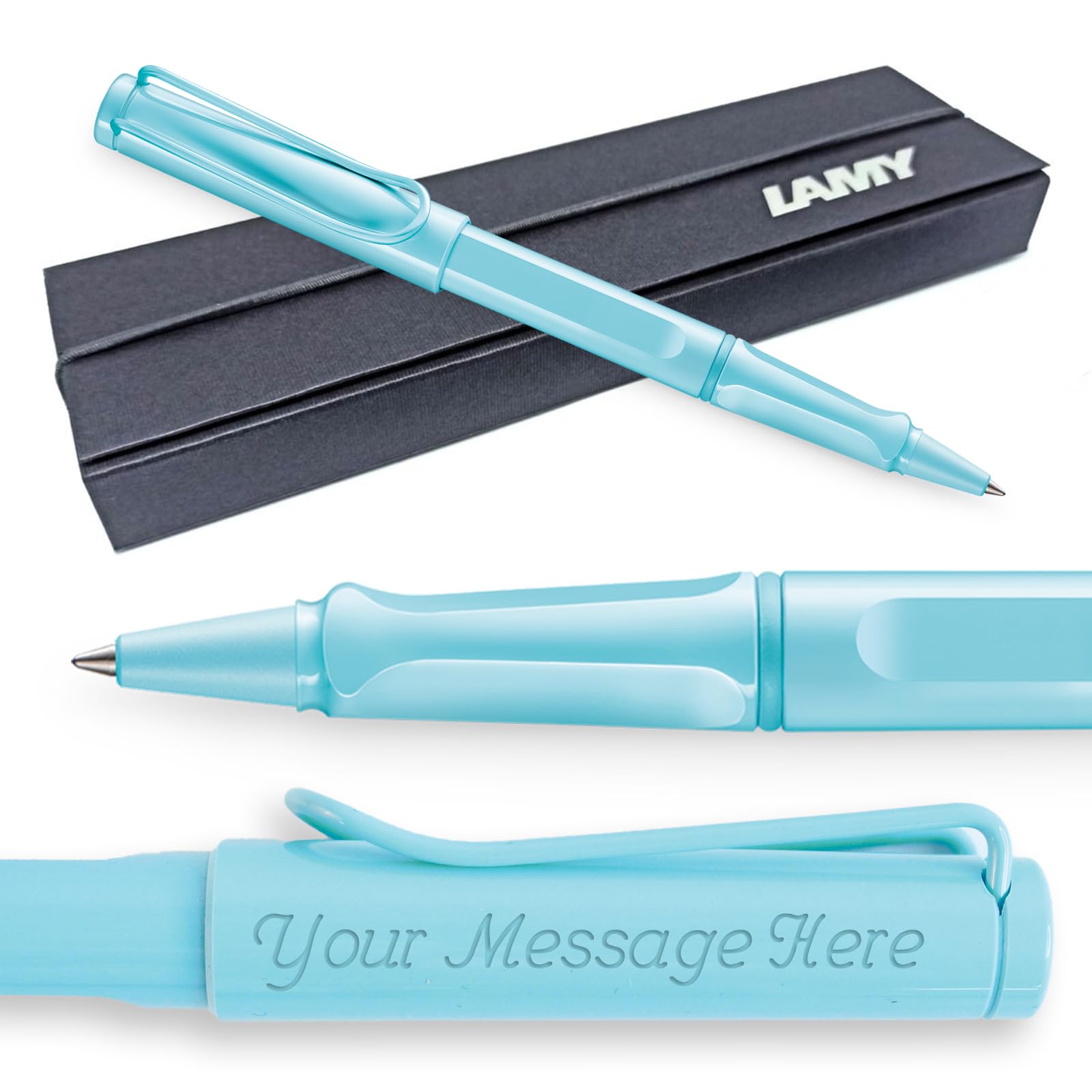 Lamy Safari Rollerball Pen with personalized engraving. Ergonomic grip, medium line width, robust ASA plastic, includes blue M 63 refill, and comes gift boxed. (Aqua Sky)