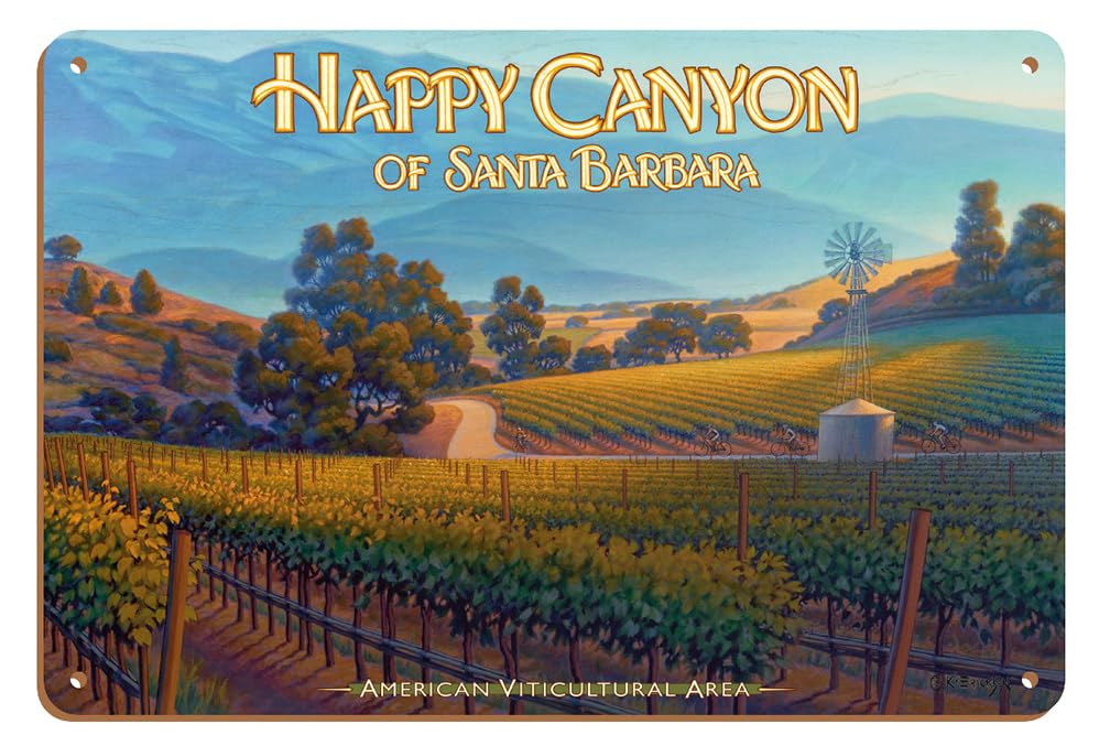 Happy Canyon of Santa Barbara Wineries - California Vineyards Wine Country Art by Kerne Erickson - 8 x 12 inch Vintage Wood Art Sign