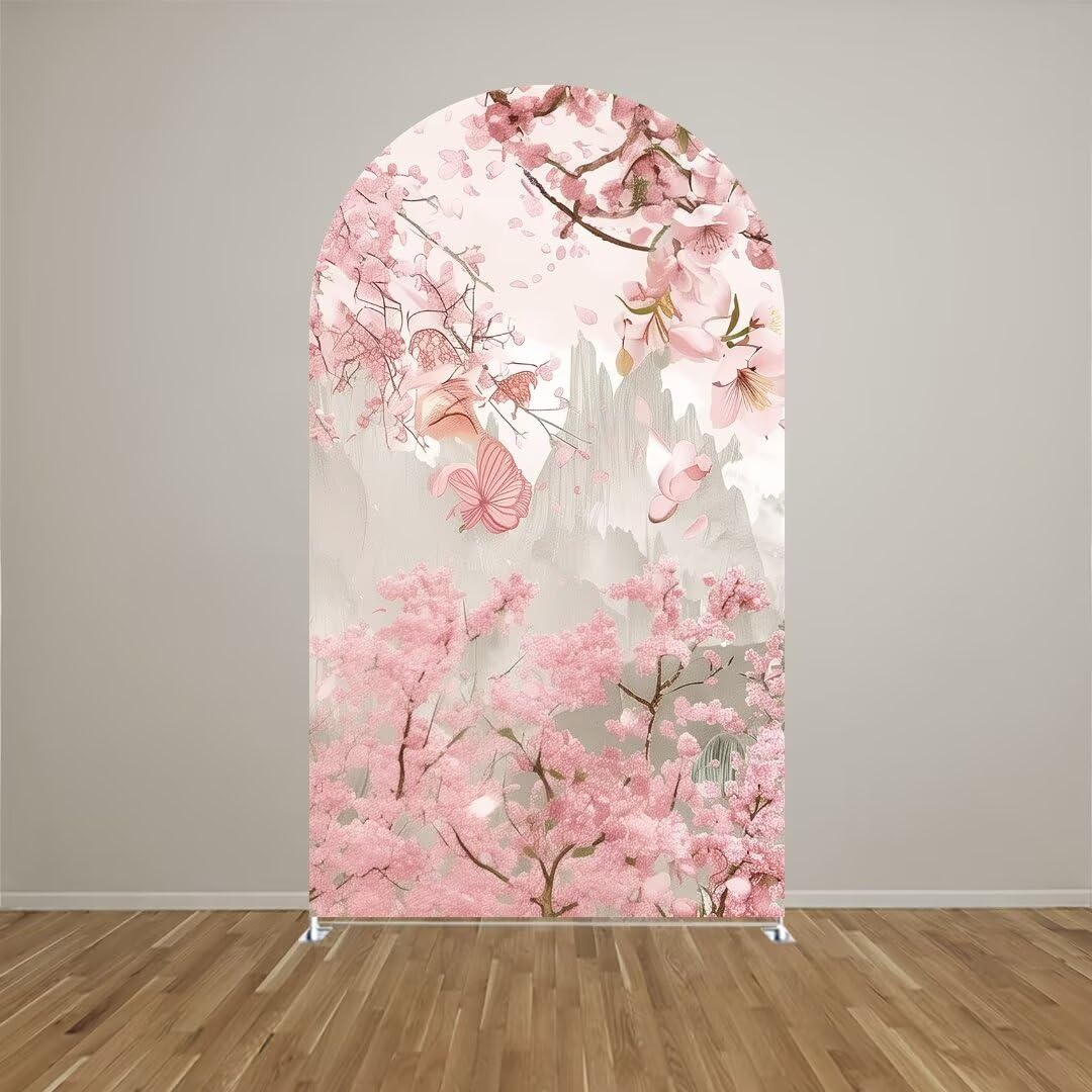 Aerdce Spring Pink Floral Arch Backdrop Cover Castle Theme Stretchy Arched Stands Covers for Princess Birthday Party Fairy Tale and Fantasy Events