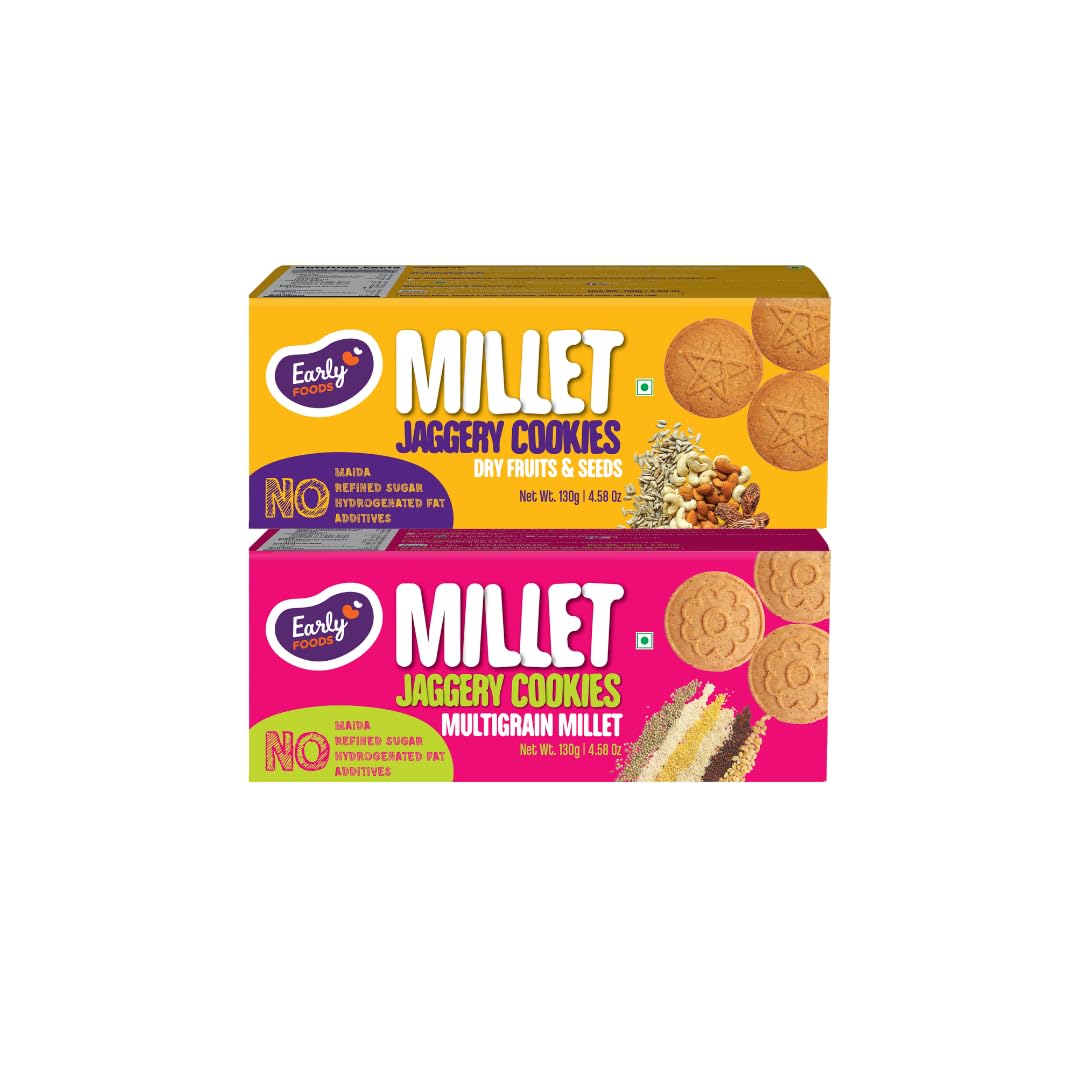 Early Foods Assorted Cookie Combo Pack of 2 - Dry Fruits n Seeds & Multigrain Millet Jaggery Cookies, 2 X 150 g, Healthy Sugar Free Biscuits