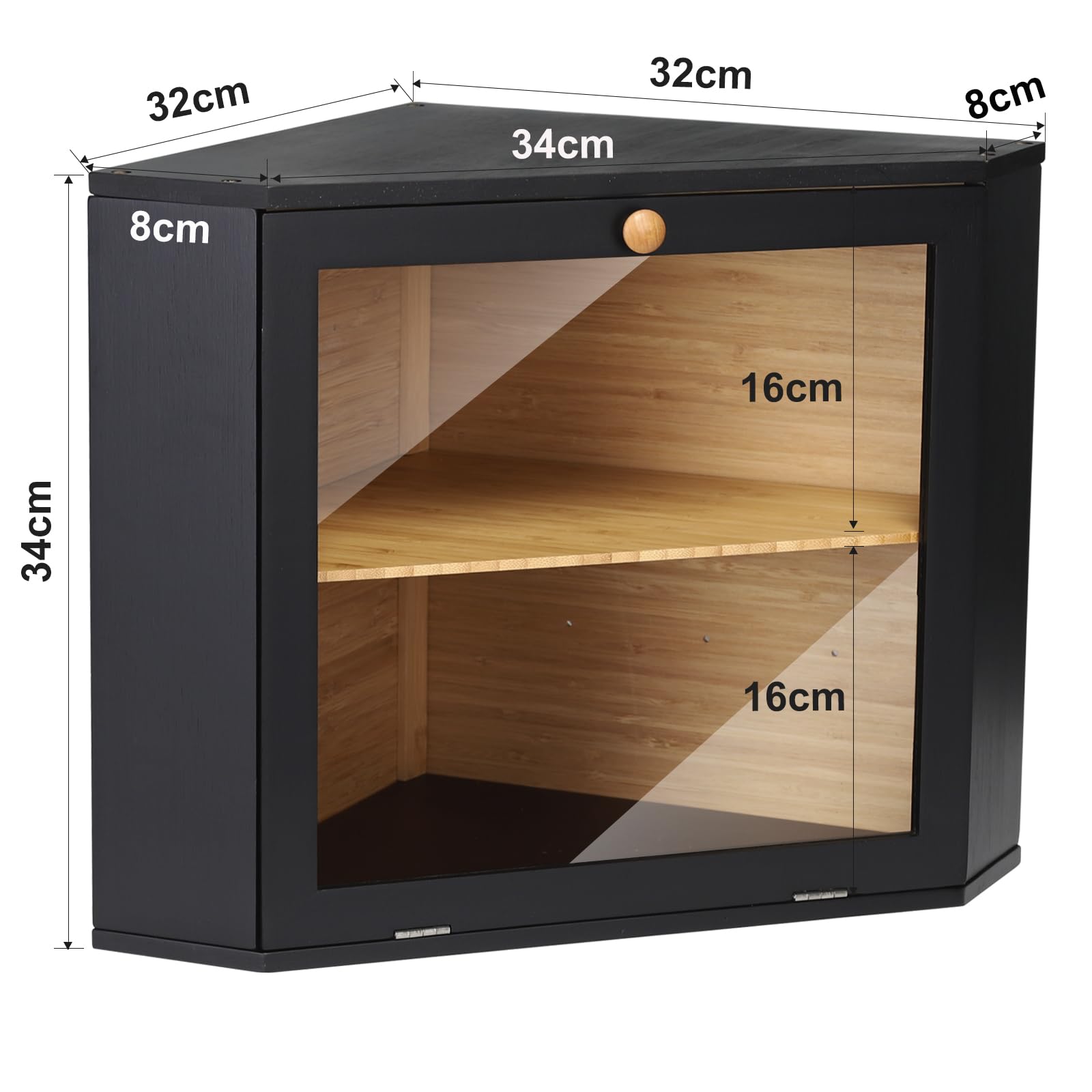 Leader Accessories Scatola Portapane ad Angolo in Bambù a 2 Piani, Contenitore per Pane con Coperchio Frontale a Ribalta, Mobilietto per Pane Verdure e Bottiglie di spezie ecc,32 x 32 x 34 cm, nero