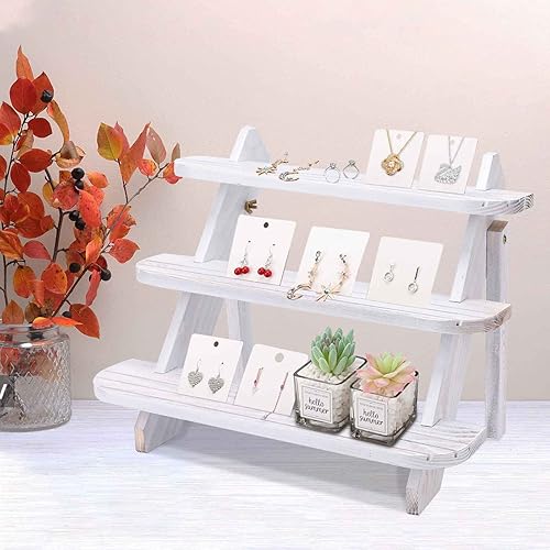 Miniatura 3 de Elevador de exhibición de madera, soporte de exhibición de aretes y anillos de 3 niveles, soportes de cupcakes de granja, estantes de exhibición de