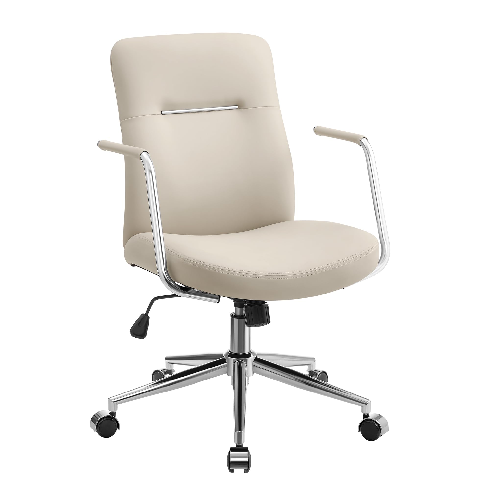 SONGMICS Silla de Oficina Giratoria, Silla de Ordenador, Superficie de PU Fácil de Limpiar, Altura Ajustable, Cómodo Respaldo y Asiento Curvo, Carga de 150 kg, Beige Capuchino OBG031W01