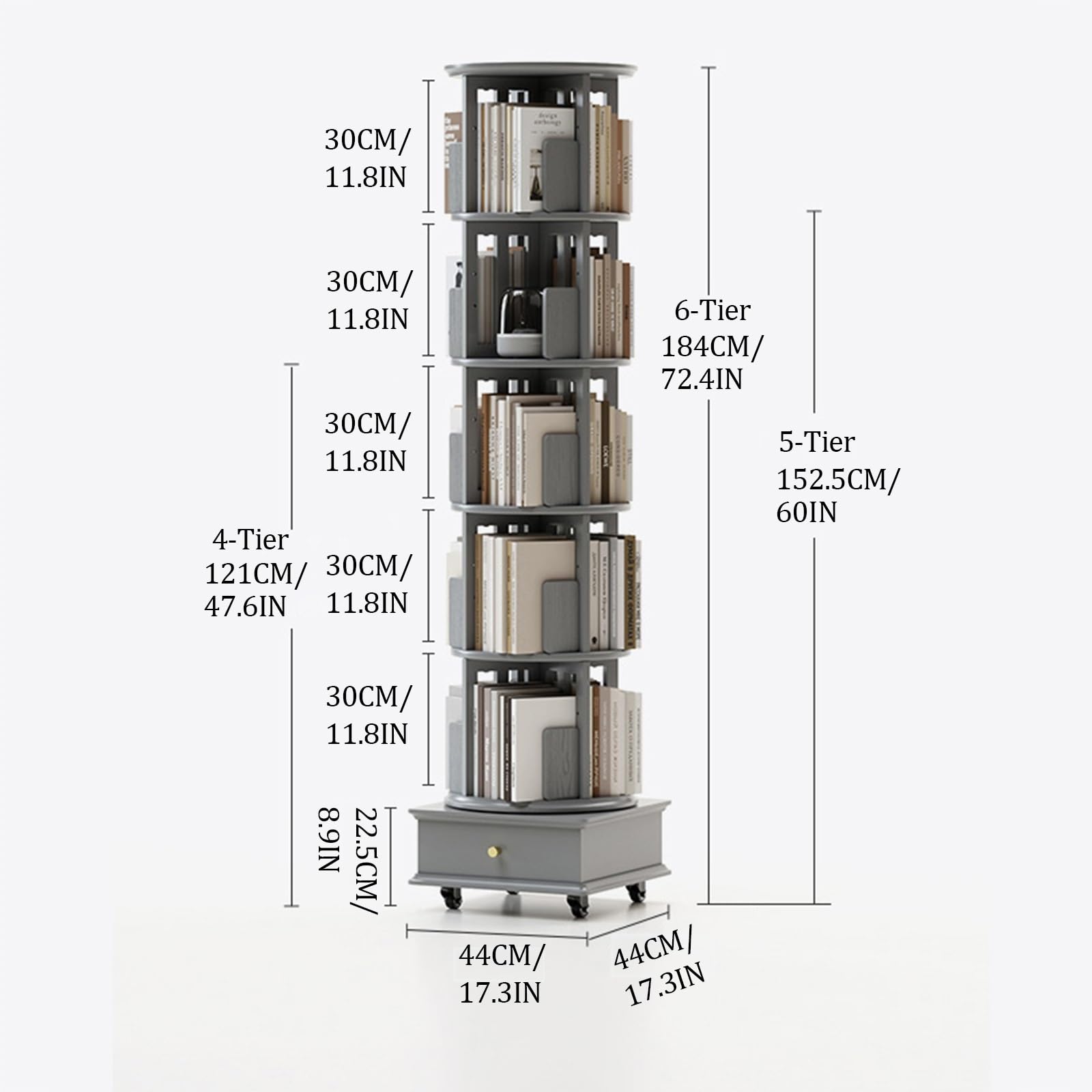 Amazon｜キャスター付き回転式本棚タワー、引き出し付き、360度回転式