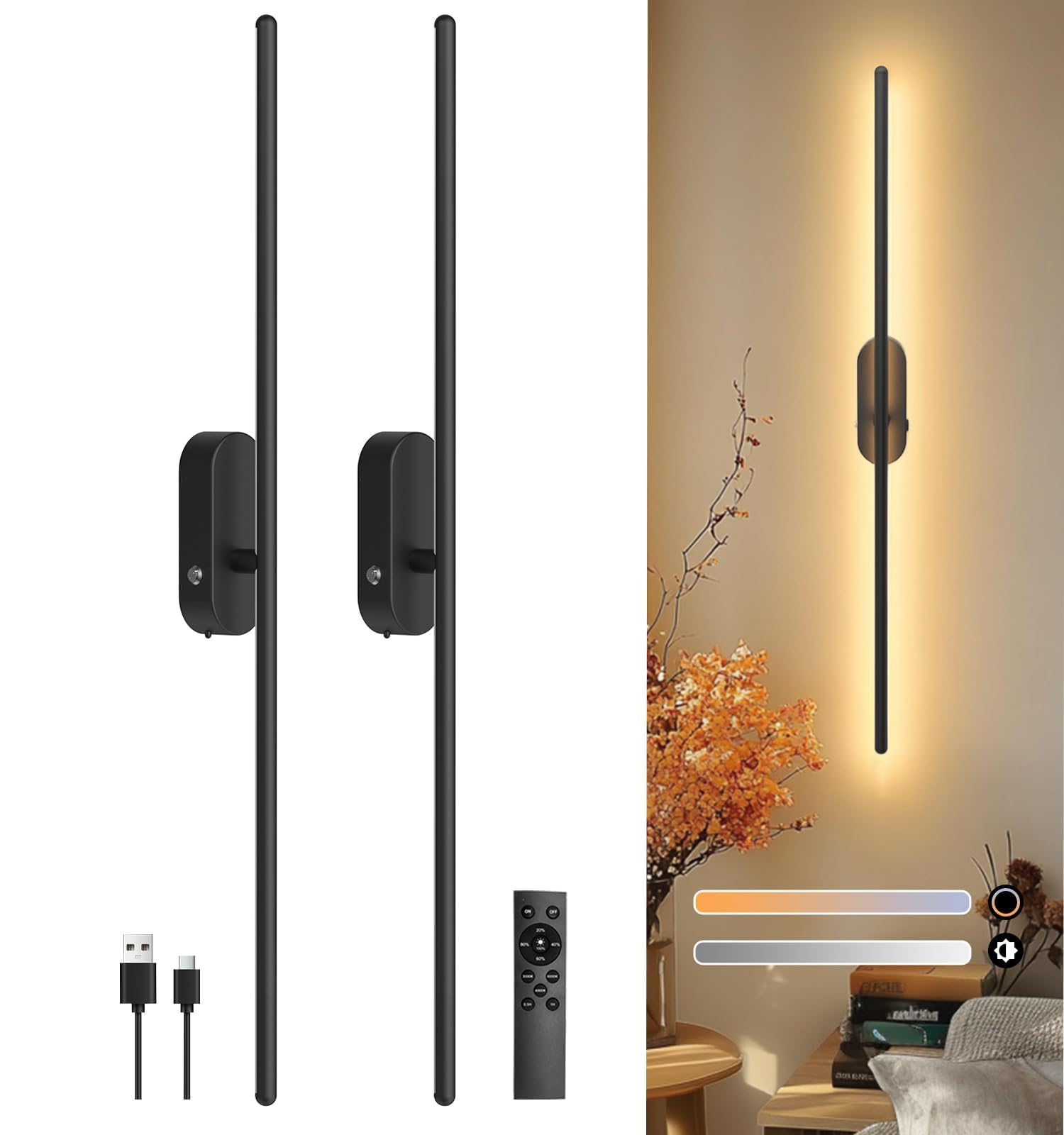 HISTAR Battery Operated Wall Sconces Set of Two, LED Wall Lights Wireless with Remote Control, USB Rechargeable Wall Lamps, 3 Colors, Dimmable, Timing, Black, 31.5inch