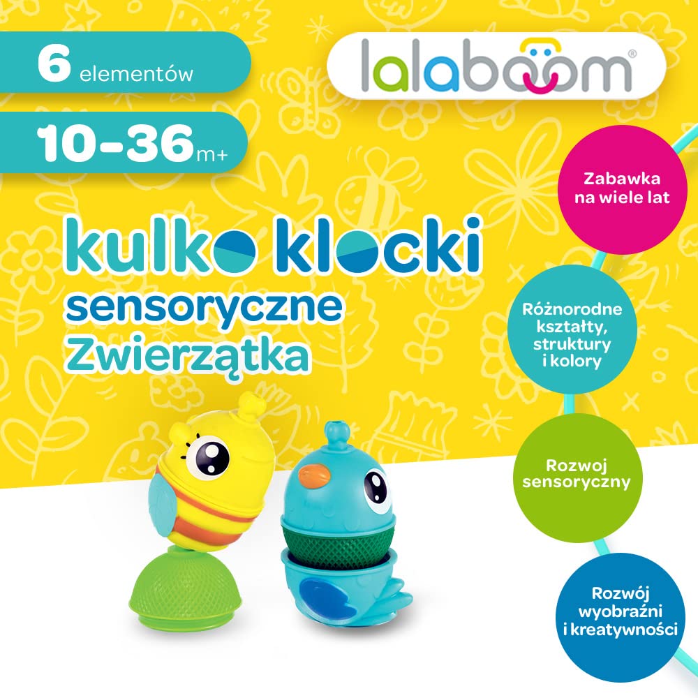 Trefl, Lalaboom - Kulko-klocki Sensoryczne, Zwierzątka - Zestaw 6 Elementów, Zabawka 4w1, Klocki dla Maluchów, Rozwój Motoryczny, Bezpieczna Zabawka Edukacyjna dla Dzieci od 10 miesięcy