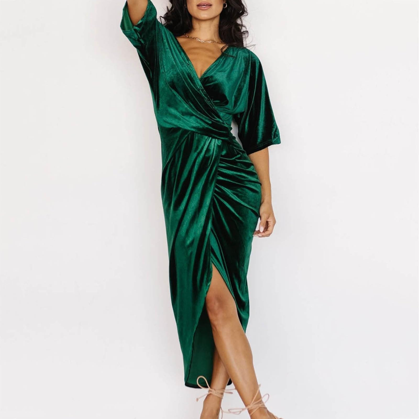 Vestido de noche sexy con cuello en V, falda irregular, vestido de terciopelo dorado