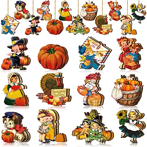 Image of Geelin 24 Pcs Vintage Fall Wooden Ornaments for Tree Decorations Home | Thanksgiving Autumn Harvest Hanging Ornament Pumpkin Turkey Sunflower Wood Cutouts Fall Thanksgiving Decor for Christmas Tree