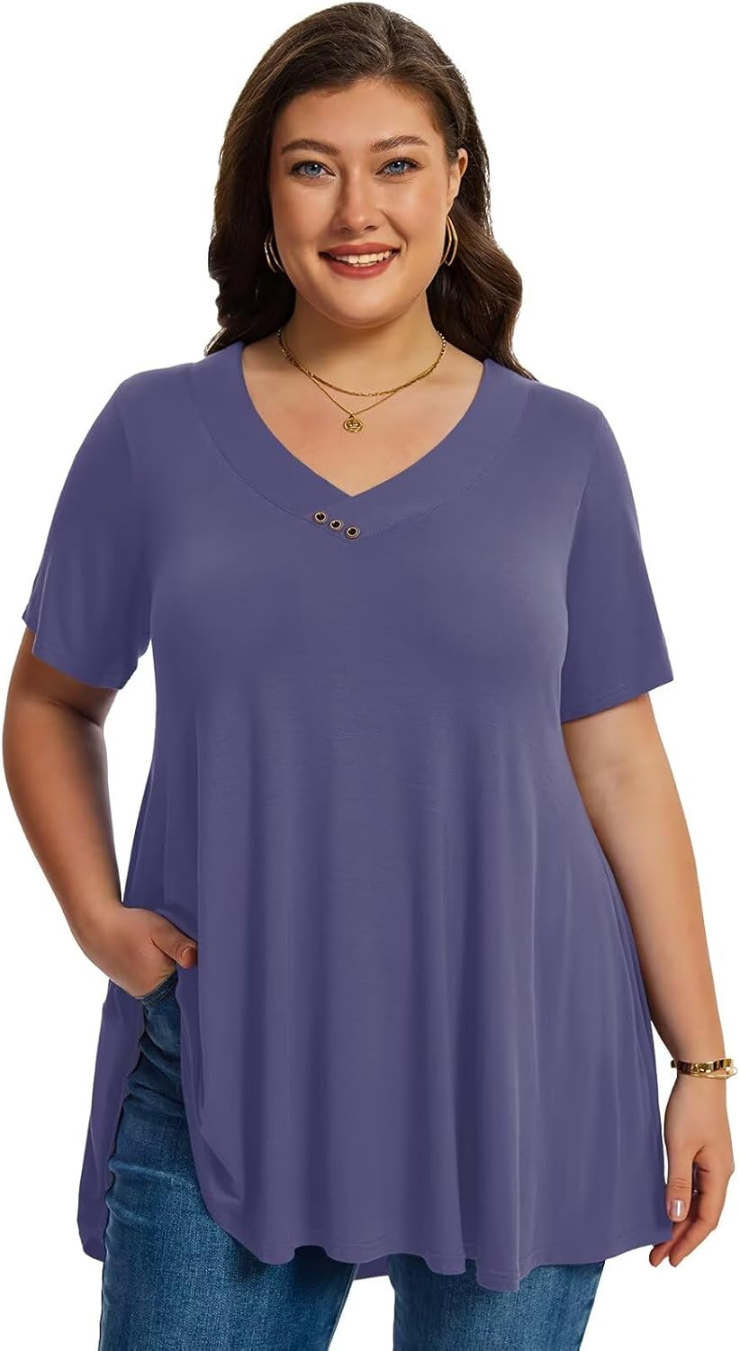 LARACE Plus Size Tops for Womens T Shirts Button Down Summer Clothes Short Sleeve Tunics Casual V Neck Blouses - Image 2