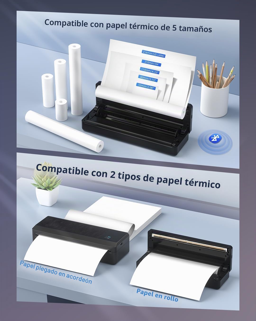 Impresora Térmica A4, Impresora térmica portátil con 3 Rollo de Papel térmico A4, Impresora Móvil Compatible con iOS & Android, Impresora Térmica Bluetooth para Viajar casa Oficina Escuela