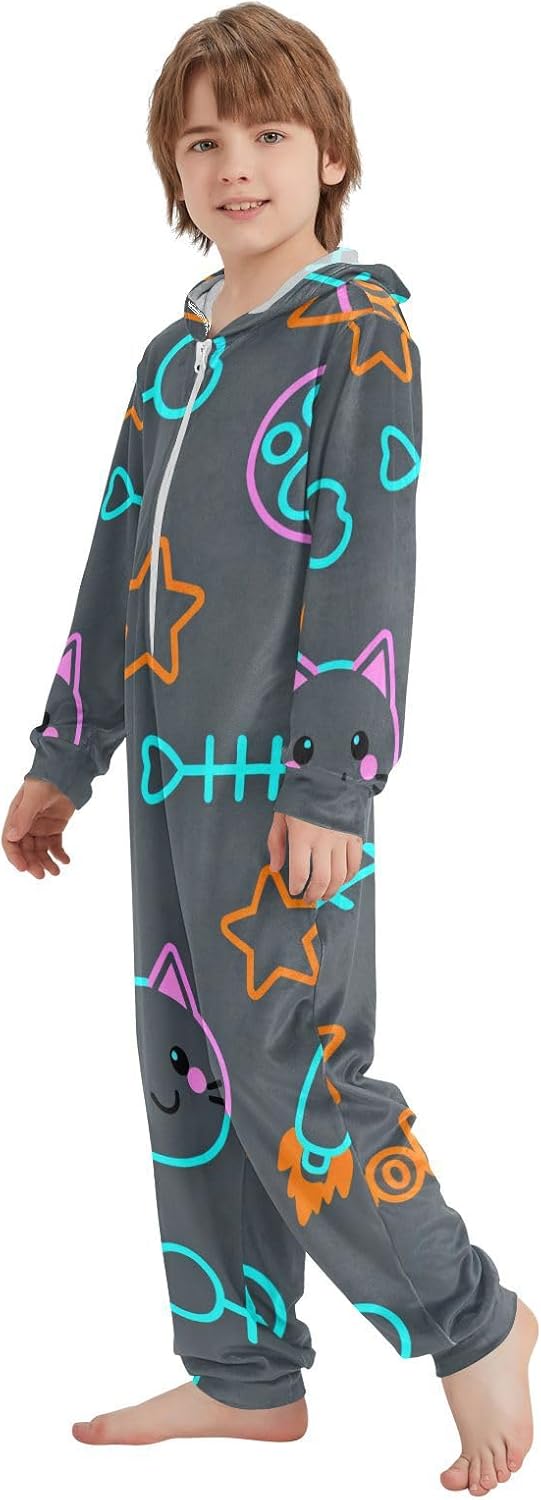 Cute Cat and Paw Dark GreyPajamasLong Sleeve Hooded One-Piecing Costumefor Parties Sleepovers