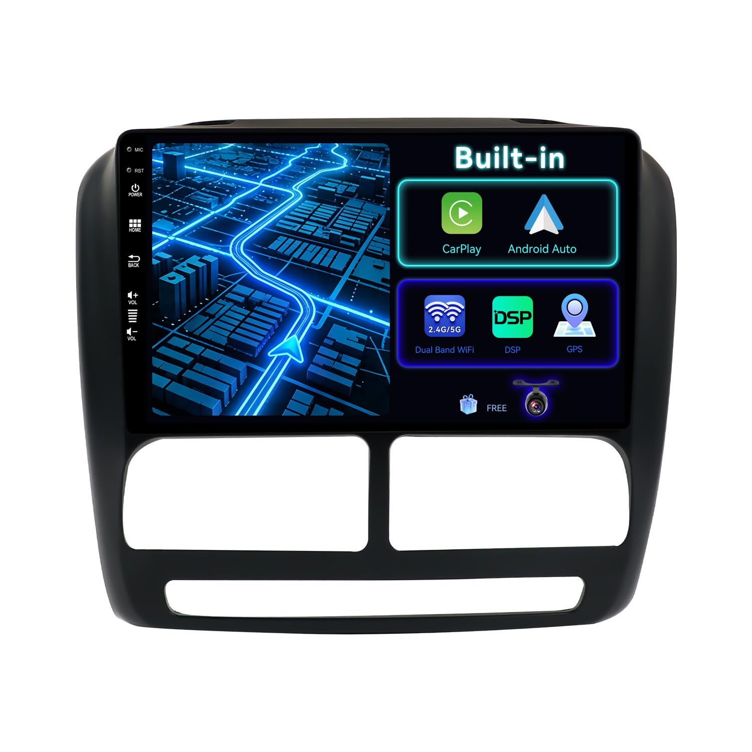 BXLIYER Android 14 Car Stereo installed in a dashboard, showing various feature icons like CarPlay, Android Auto, Dual Band WiFi, GPS, DSP, and Steering Wheel Control.