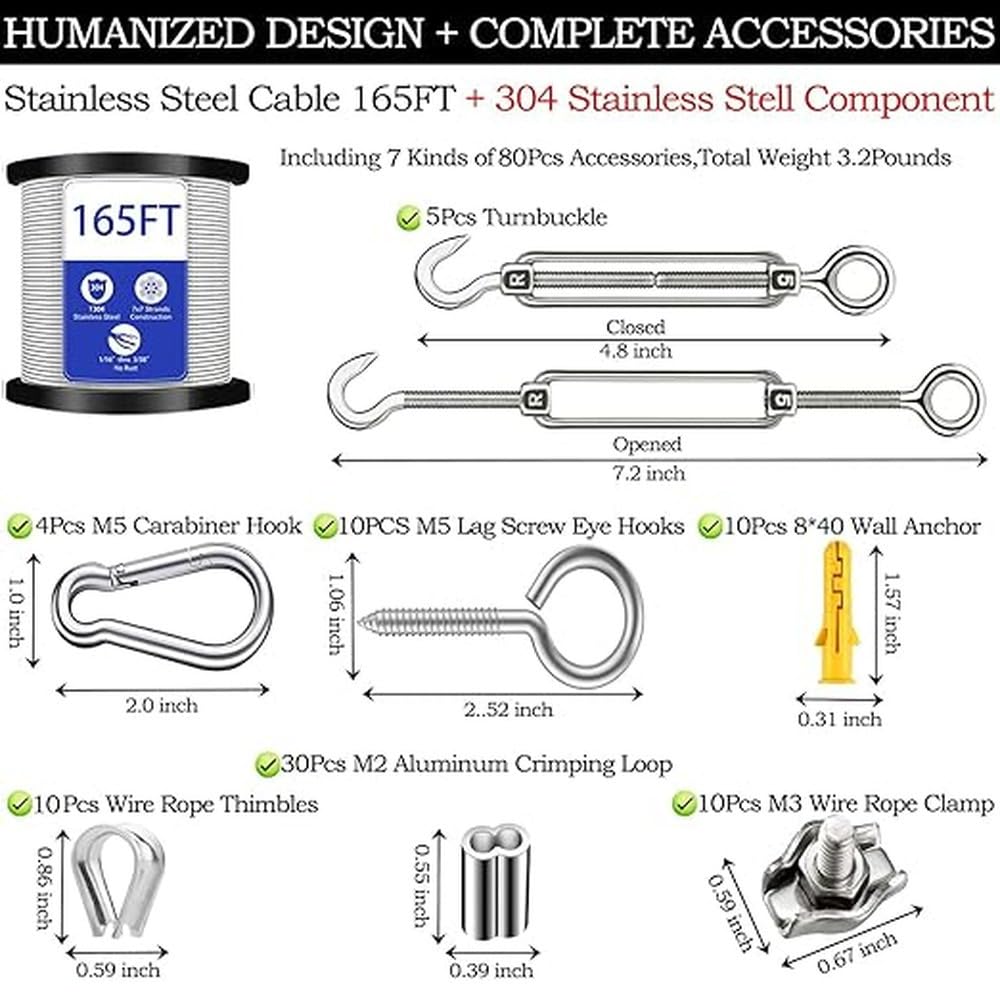 Cable de acero de 2 mm y 50 m con tensor de gancho de resorte