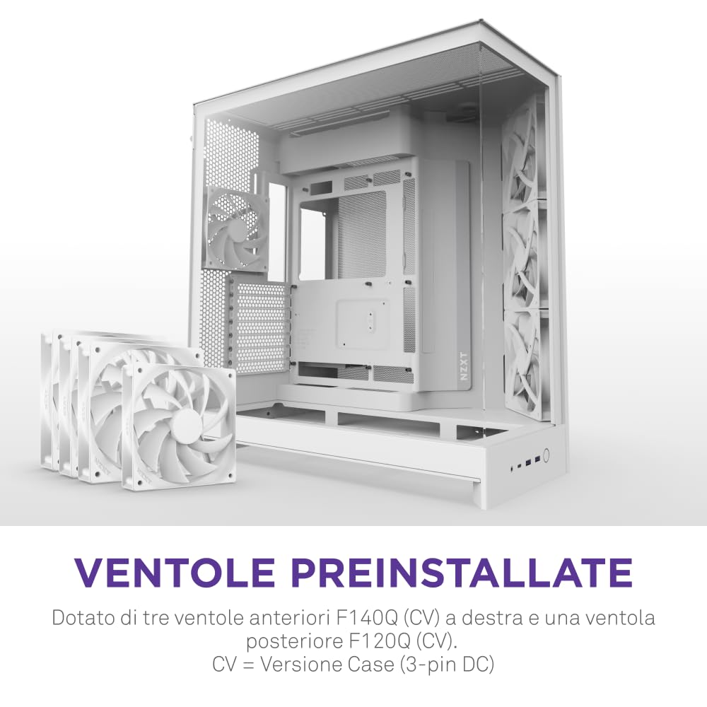 NZXT H9 Flow (2025) – Grande Case PC ATX Mid-Tower a Doppia Camera con Flusso d'Aria – Include 3 Ventole da 140mm e 1 da 120mm – Supporto Radiatore da 420mm – Vetro Temperato – Bianco