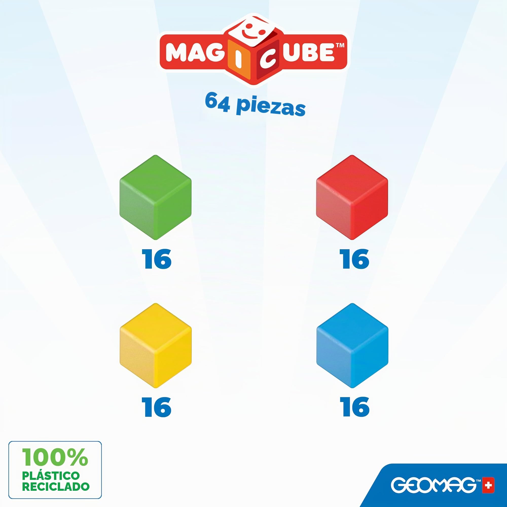Geomag Magicube Full Color, Bloques de Construcción Magnéticos para Niños a Partir de 1 Año – Juego de 64 Bloques de 4 Colores Hechos de Plástico 100% Reciclado