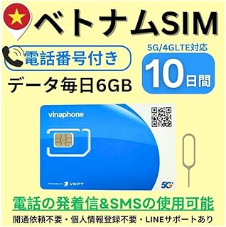 【ベトナムSIMカード】 電話番号付き 毎日データ6GB＋通話可能SMS送信可能 正規Vinaphone回線 (5日間/10日間/30日間）※※開通期限:ご購入から30日 (6GB物理カード10日間)