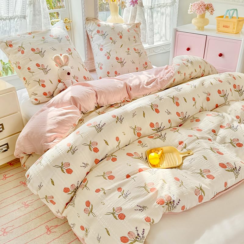 Joanna&Seasons-Housse de Couette 240x220 Fleurs Tulipe Beige,Vintage Parure de Lit Adult Motif Floral et Seersucker- Linge de Lit 2 Personnes en Microfibre avec Taies d'oreiller 65x65 cm