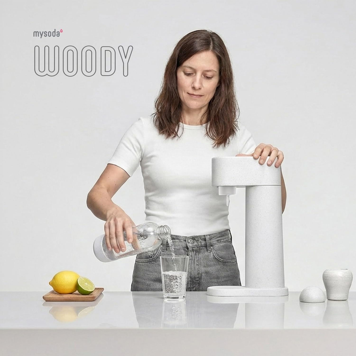 Mysoda: Machine à carboniser Woody en composite de bois renouvelable (sans cylindre CO2) avec bouteille en plastique sans BPA 1L - Blanc