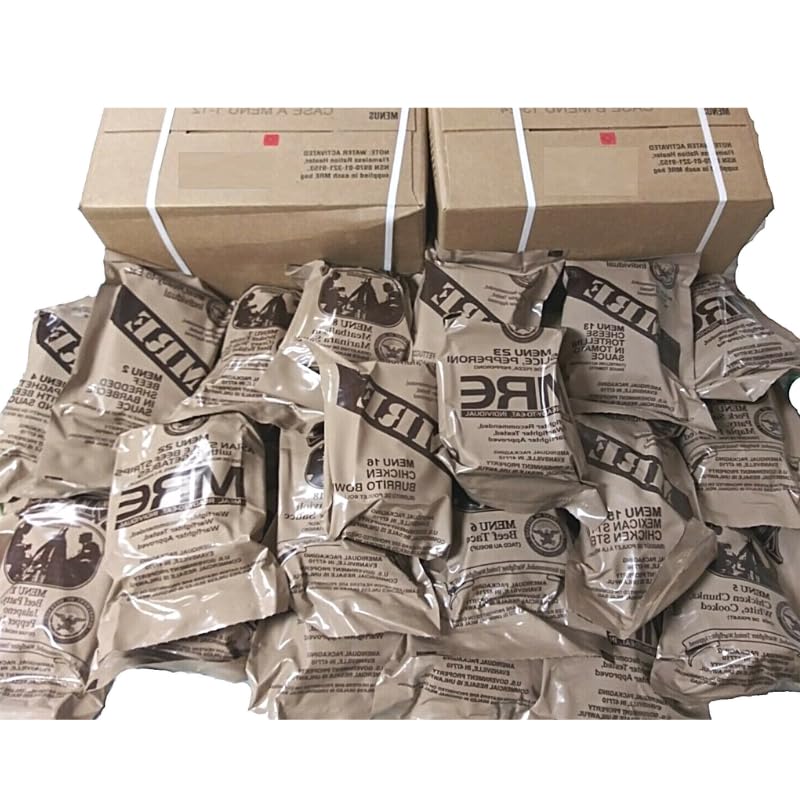 MRE A and B bundle cases 2024 or newer inspection - Military meals ready to eat - 24 full food packs rations with 1,250 calories per meal and heater for camping