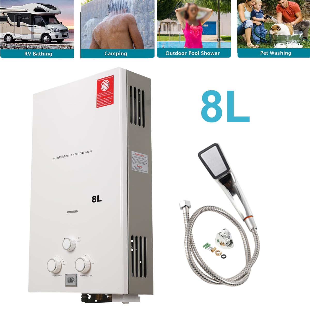8L 16KW GPL Scaldabagno a Gas, Gas a Parete senza serbatoio Scaldabagno istantaneo,con kit doccia e Display a LED,con Modalità Inverno ed Estate,Per Casa, Camper ed Esterni,bianco