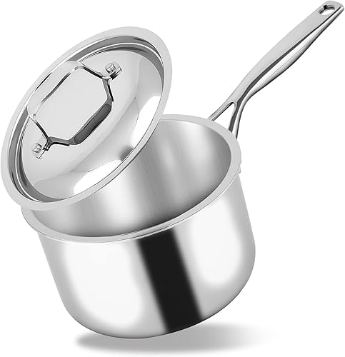 Cacerola de 3 cuartos con tapa, acero inoxidable sin PFOAPFOS, resistente a las manchas, utensilios de cocina con interior satinado, exterior