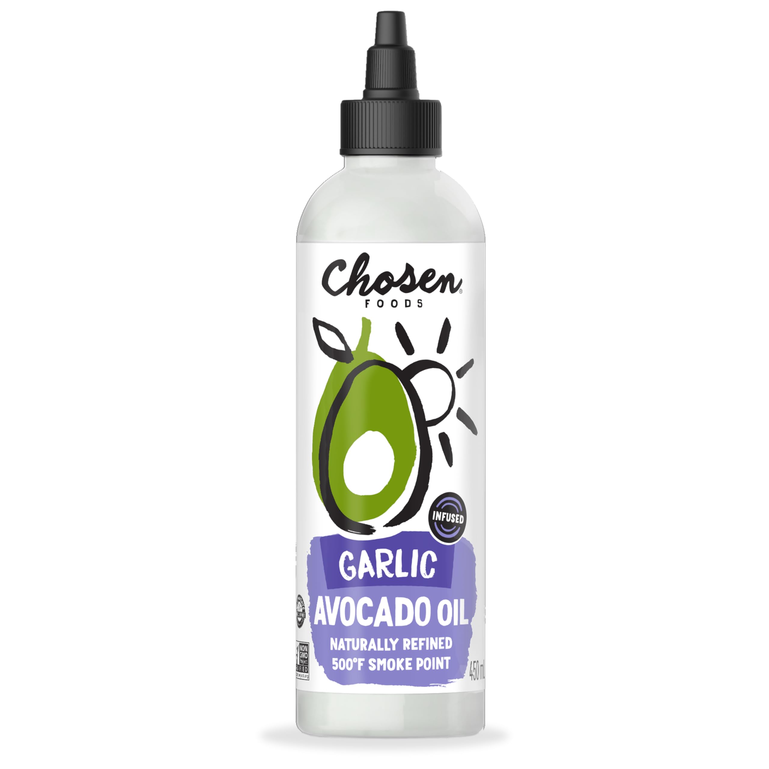Chosen Foods Garlic Avocado Oil Squeeze Bottle - 16.2 Fl Oz - For Drizzling, Sautéing, Roasting & Searing - High Smoke Point Cooking Oil - Kosher, Keto, and Paleo Friendly - With Recipe eBook