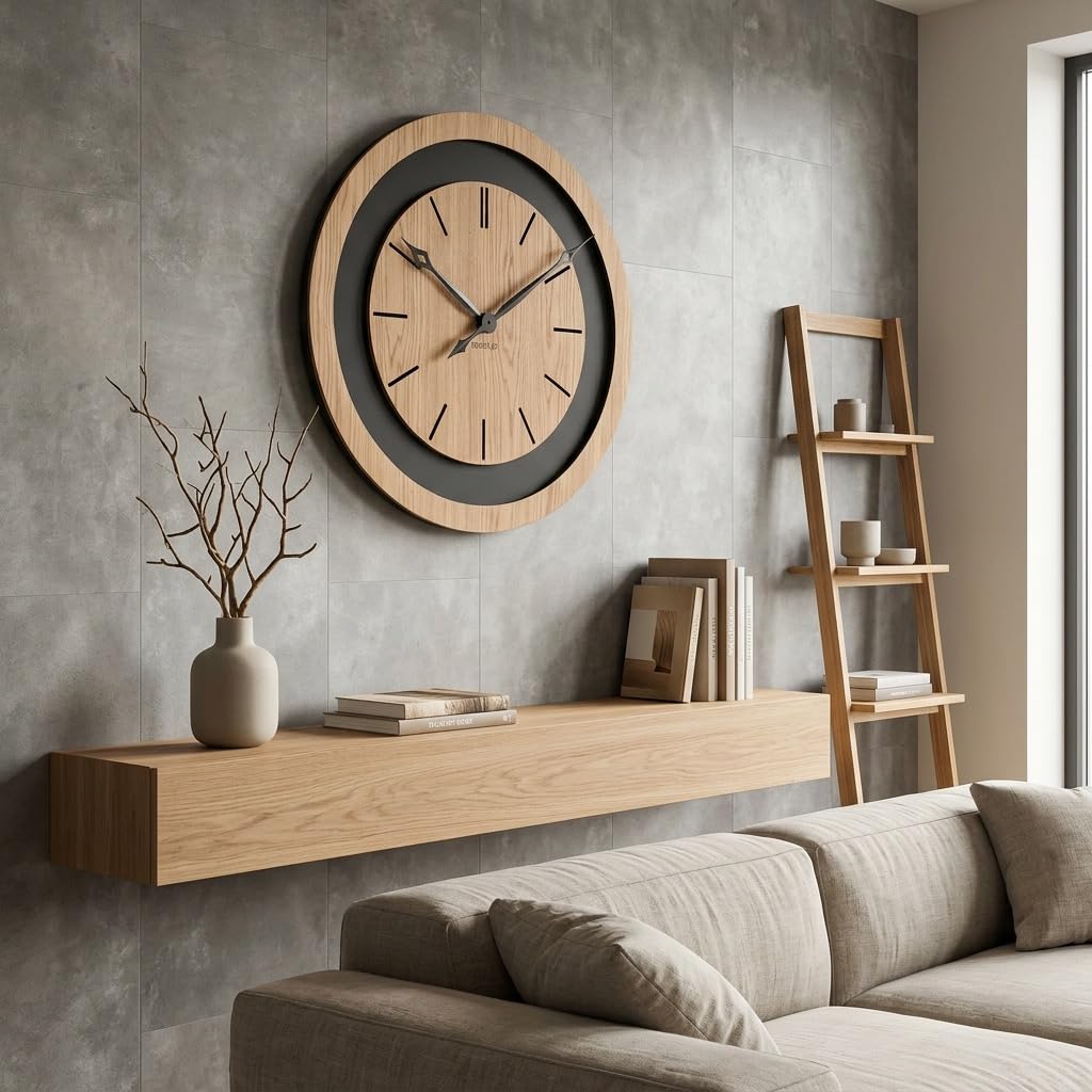 FLEXISTYLE Wanduhr groß XXL 75 cm aus Eiche – Große Designer-Wanduhr aus Naturholz & schwarzem MDF – Lautloses Uhrwerk ohne Ticken – Modernes Wohnaccessoire für Wohnzimmer, Loft & Büro