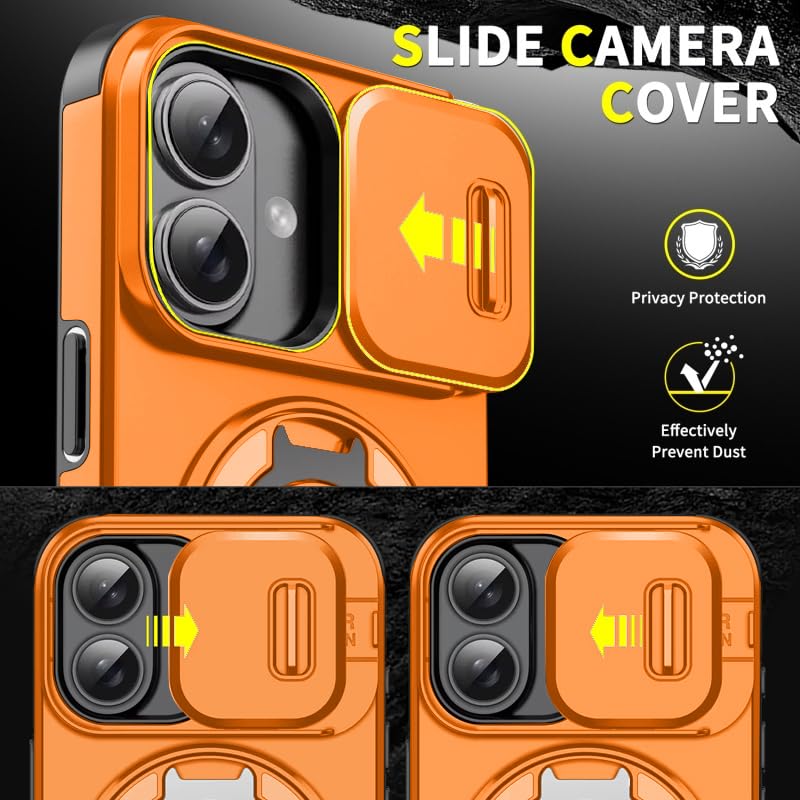 Image of LuxuryKase Shockproof Rugged Case for iPhone 16 | Slide Camera Cover | 360 Rotating Ring Kickstand | Military-Grade Protection - Sunset Orange