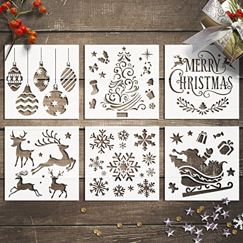 GSS Designs Christmas Stencils Template Pack of 6 -Merry Christmas,Santa Claus,Christmas Tree,Snowflakes,Bulbs,Reindeers for Christmas Decoration 6X6 inch DIY Craft Template Stencils