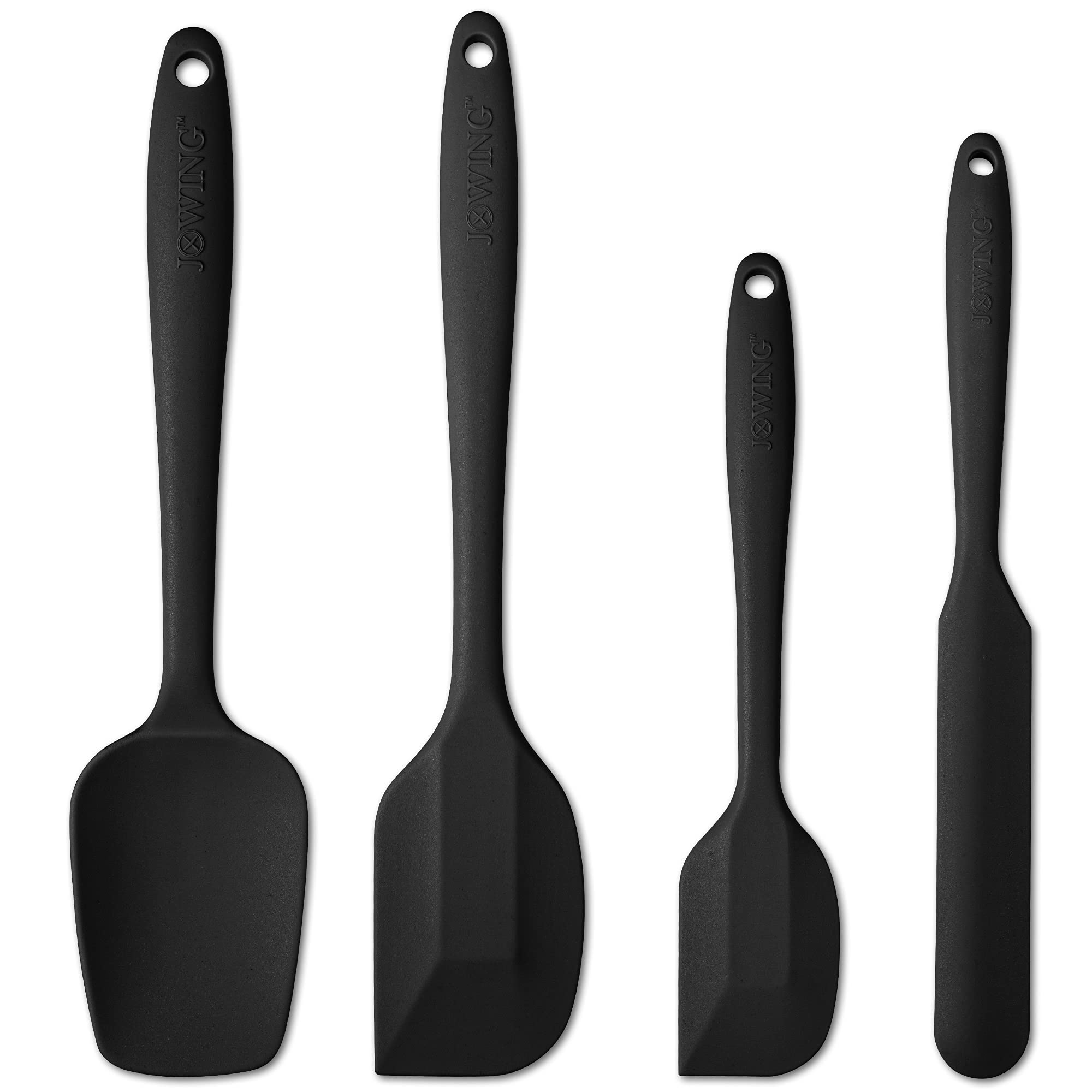 Juego de 4 espátulas de silicona flexibles, resistentes al calor, antiarañazos, con núcleo de acero inoxidable, color negro