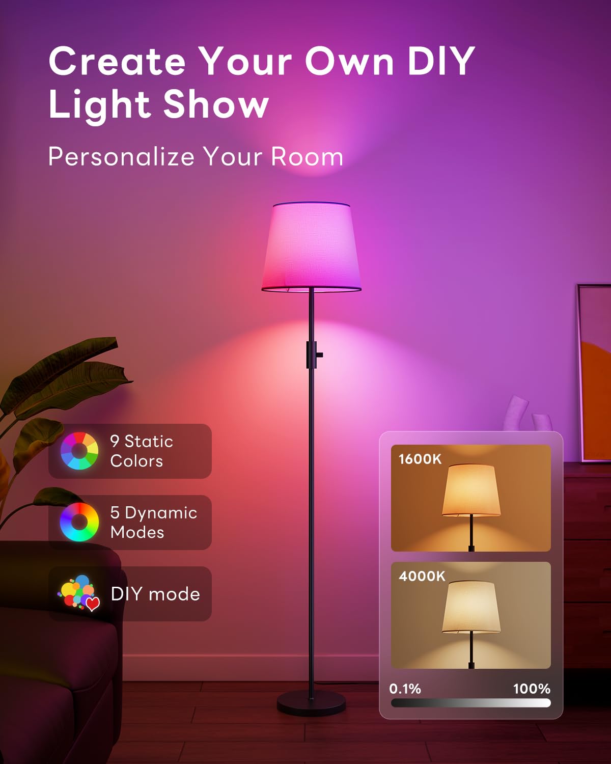 Lampada da Terra Salotto, LED Piantana Lampada da Terra per Dimmerabile con Bulbo 1200lm 10W RGBCW Lampade da Terra Paralume Moderna Nera per Camera, Ufficio, Bambini Stehleuchte