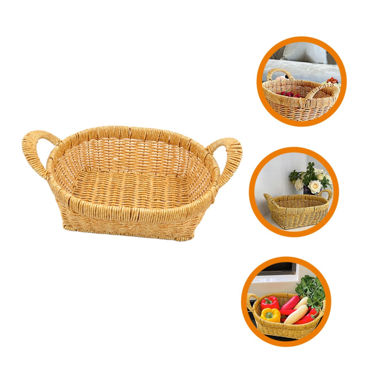 Cabilock Woven Storage Basket with Double Handles Decorative Fruit and Snack Organizer Pe Material for Home and Office Use Design Tea Color