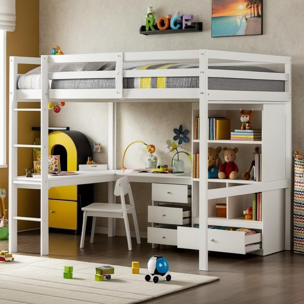 Full Size Loft Bed with Desk & Storage Shelves & Storage Drawers for Kids,Teens,Adults,High Loft Bed with Built-in Ladder & Guardrails,Space Saving,White